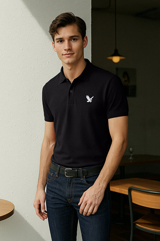 Siyah Regular/Normal Kesim Kartal Nakış Detaylı Polo Yaka T-shirt TMNSS25PO00017 - 2