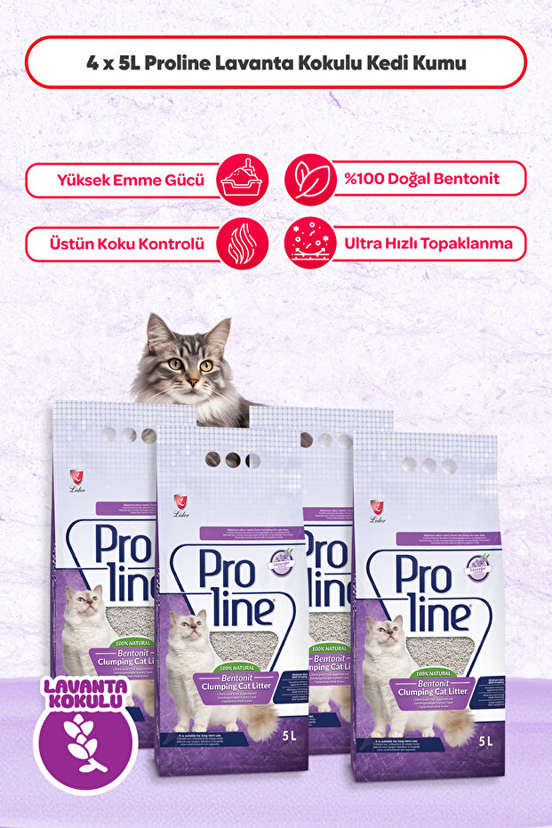 Proline Lavantalı Bentonit Kedi Kumu 5 Lt X 4 Adet - 1