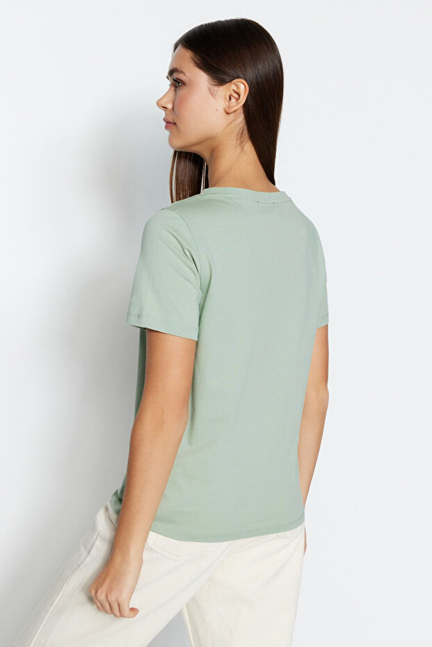 Pembe-Mint %100 Pamuk 2'li Paket Basic V Yaka Örme T-Shirt TWOSS23TS00002 - 10