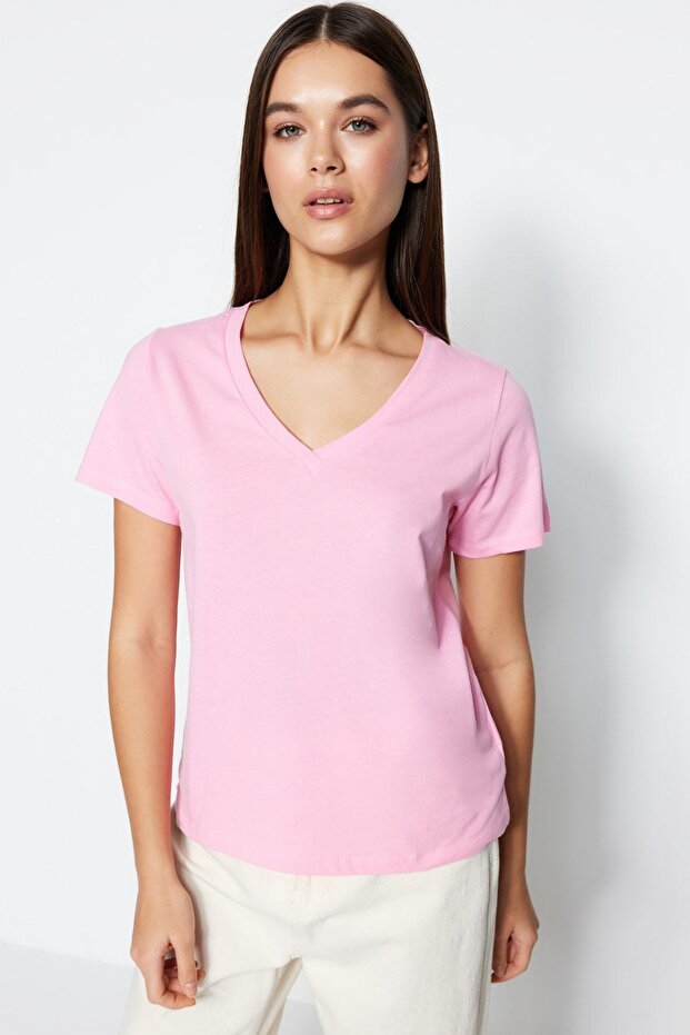 Pembe-Mint %100 Pamuk 2'li Paket Basic V Yaka Örme T-Shirt TWOSS23TS00002 - 2