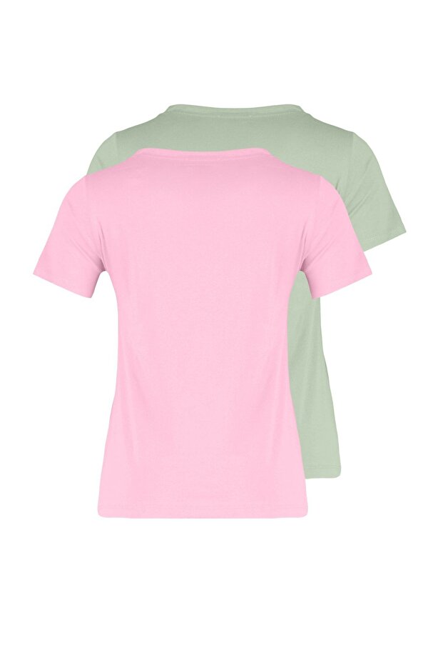 Pembe-Mint %100 Pamuk 2'li Paket Basic V Yaka Örme T-Shirt TWOSS23TS00002 - 17