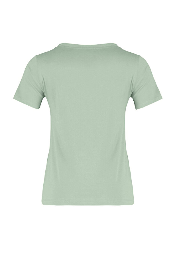 Pembe-Mint %100 Pamuk 2'li Paket Basic V Yaka Örme T-Shirt TWOSS23TS00002 - 16