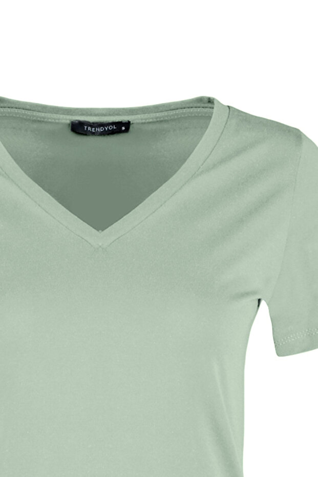 Pembe-Mint %100 Pamuk 2'li Paket Basic V Yaka Örme T-Shirt TWOSS23TS00002 - 14