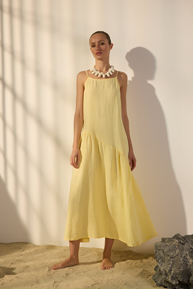 Yellow 100% Linen Stitching Detailed Maxi Dress Twoss25El00638