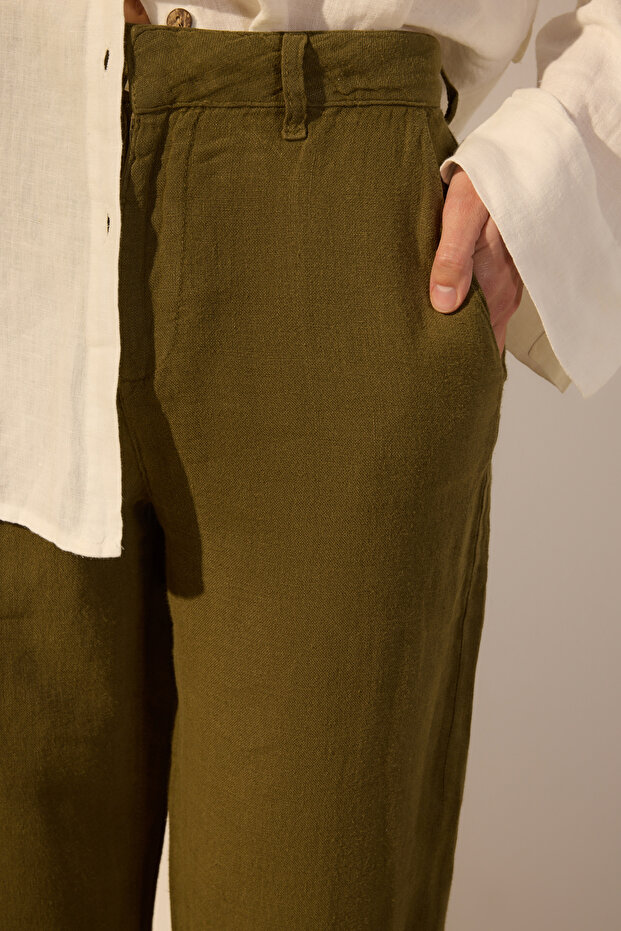 Haki %100 Keten Yüksek Bel Wide Leg Pantolon TWOSS24JE00246 - 3