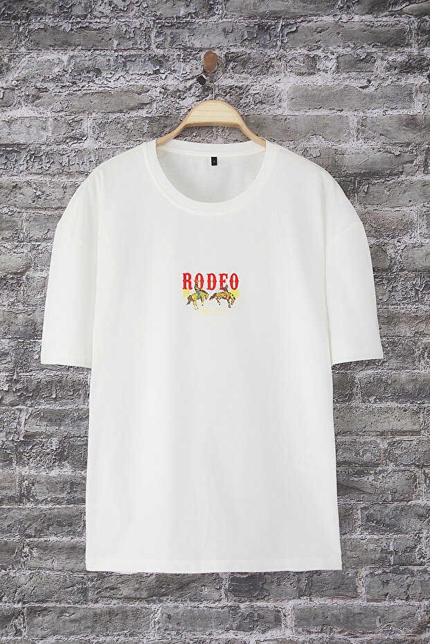 Ekru Oversize/Geniş Kesim Rodeo Baskılı T-Shirt TMNSS25TS00135 - 6