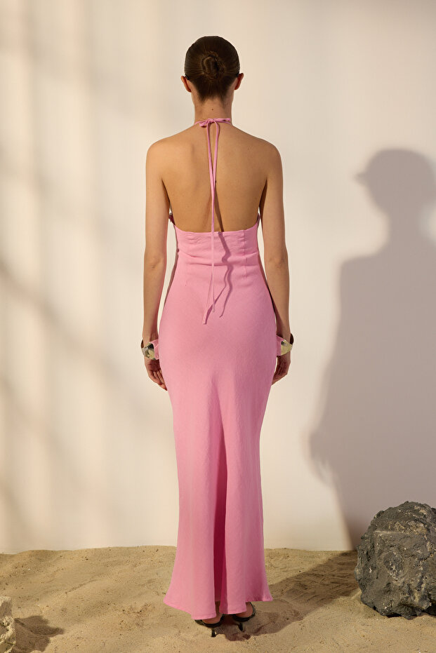 Pembe %100 Keten Halter Yaka Midi Elbise TWOSS25EL00603 - 4