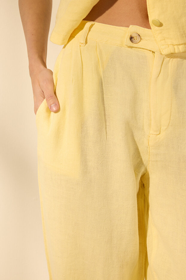 Sarı %100 Keten Pileli Yüksek Bel Wide Leg Pantolon TWOSS24JE00245 - 3