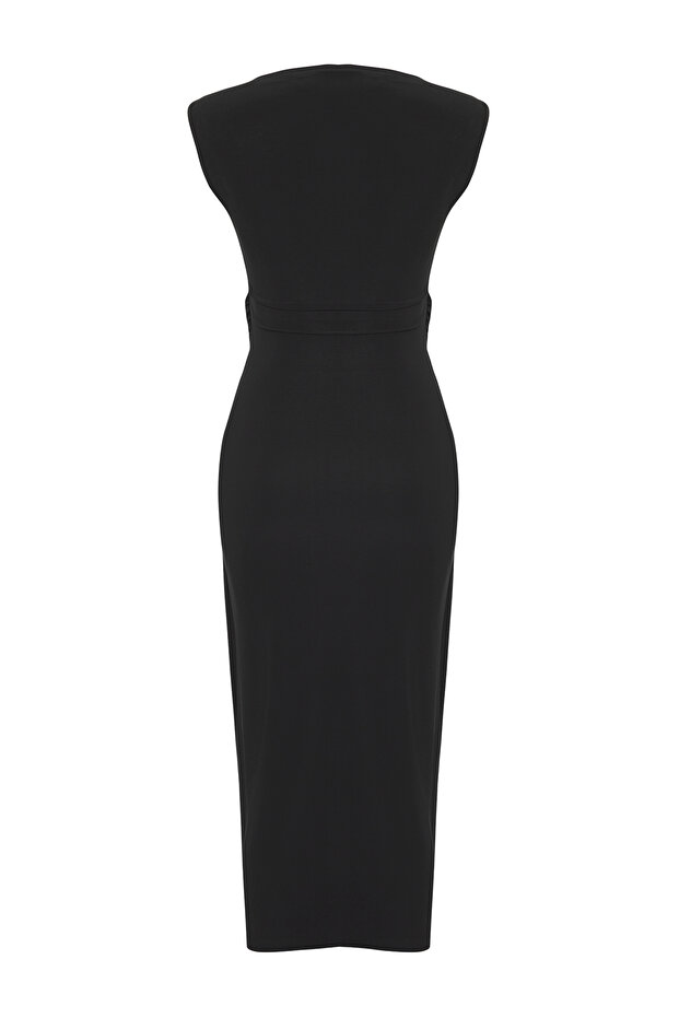 Siyah Bodycone/Vücuda Oturan Aksesuar Detaylı Ay Kol Kayık Yaka Midi Örme Elbise TWOSS25EL00699 - 6