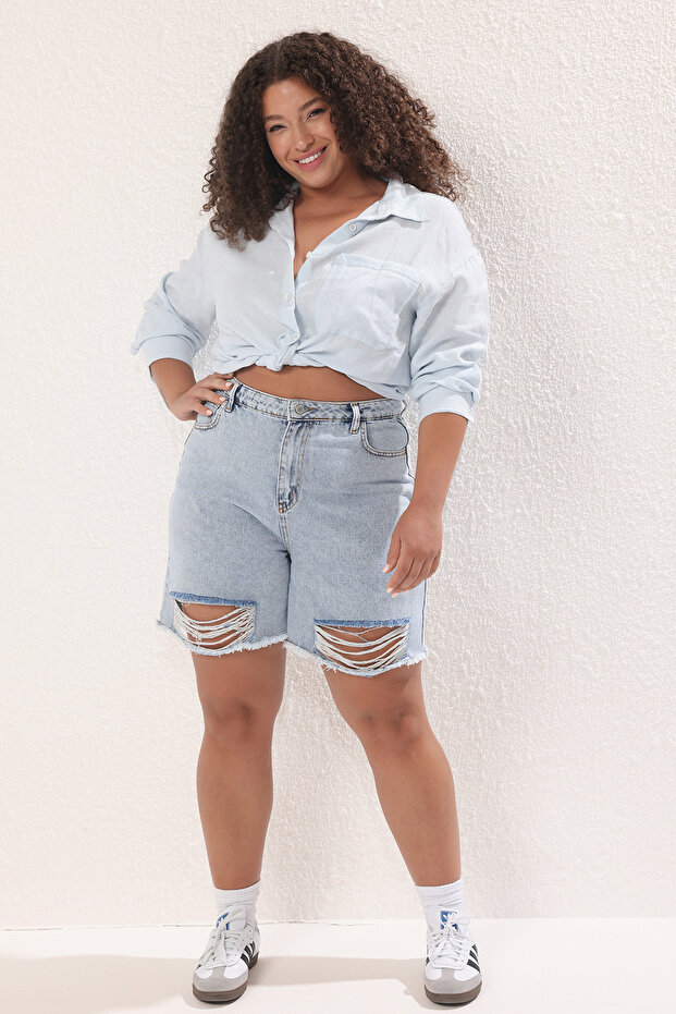 Mavi Yüksek Bel Destroy Detaylı Büyük Beden Denim Şort TBBSS25AP00034 - 1