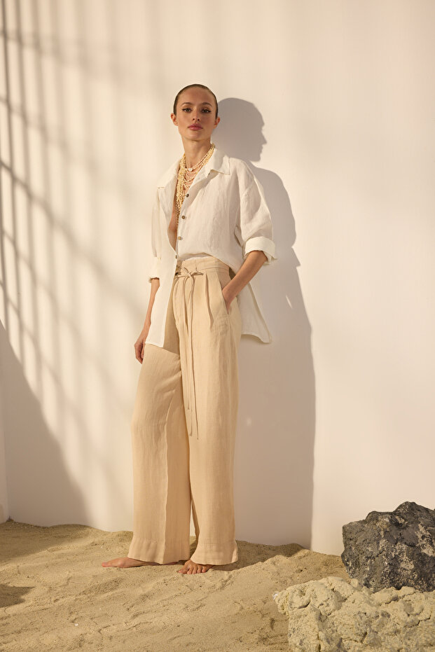 Bej %100 Keten Beli Bağlama Detaylı Yüksek Bel Wide Leg Pantolon TWOSS25JE00243 - 1