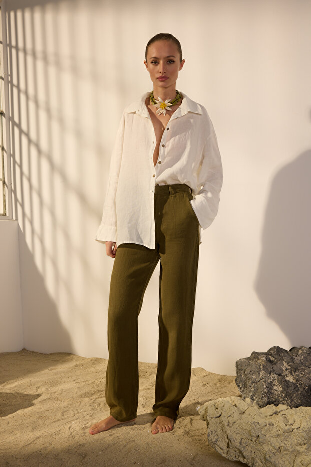 Haki %100 Keten Yüksek Bel Wide Leg Pantolon TWOSS24JE00246 - 2