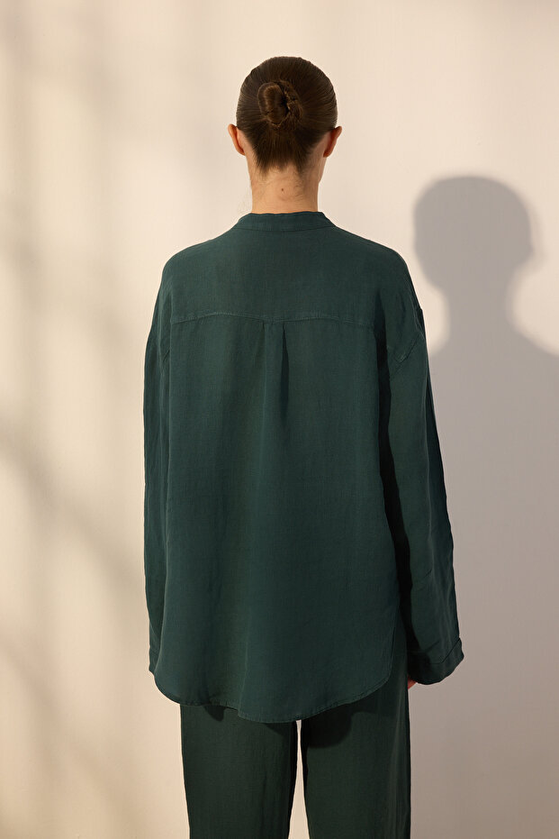 Petrol Yeşili %100 Keten Oversize Gömlek TWOSS25GO00131 - 4