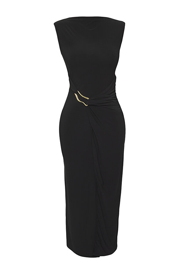 Siyah Bodycone/Vücuda Oturan Aksesuar Detaylı Ay Kol Kayık Yaka Midi Örme Elbise TWOSS25EL00699 - 5