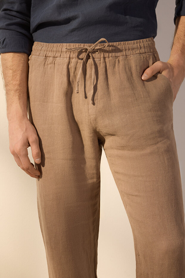 Bej %100 Keten Regular Fit Pantolon TMNSS24PL00018 - 3