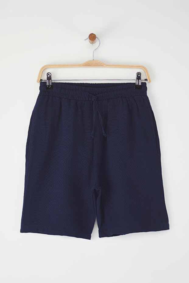 Lacivert Regular Fit Müslin Kumaş Keten Görünümlü %100 Pamuklu Şort TMNSS25SR00059 - 7