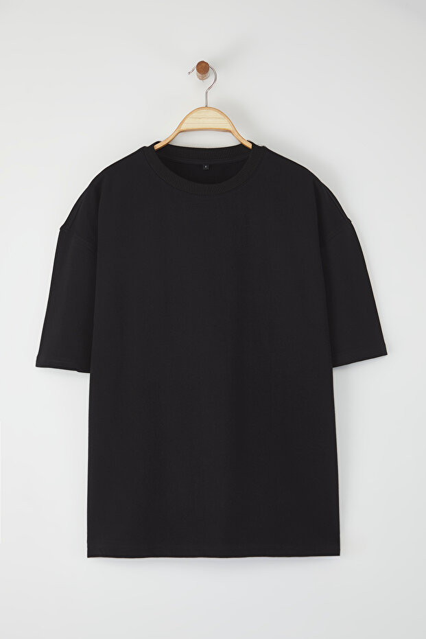 Siyah Oversize/Geniş Kesim Pamuklu Kalın Basic T-Shirt TEDSS25TS00005 - 1
