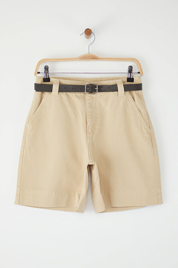 Bej Kemerli Dikiş Detaylı Yüksek Bel Denim Bermuda TWOSS25SR00196 - 5