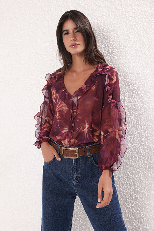 Mürdüm Boho Şifon Transparan Çiçekli Fırfırlı Dokuma Gömlek TWOSS25GO00063 - 1