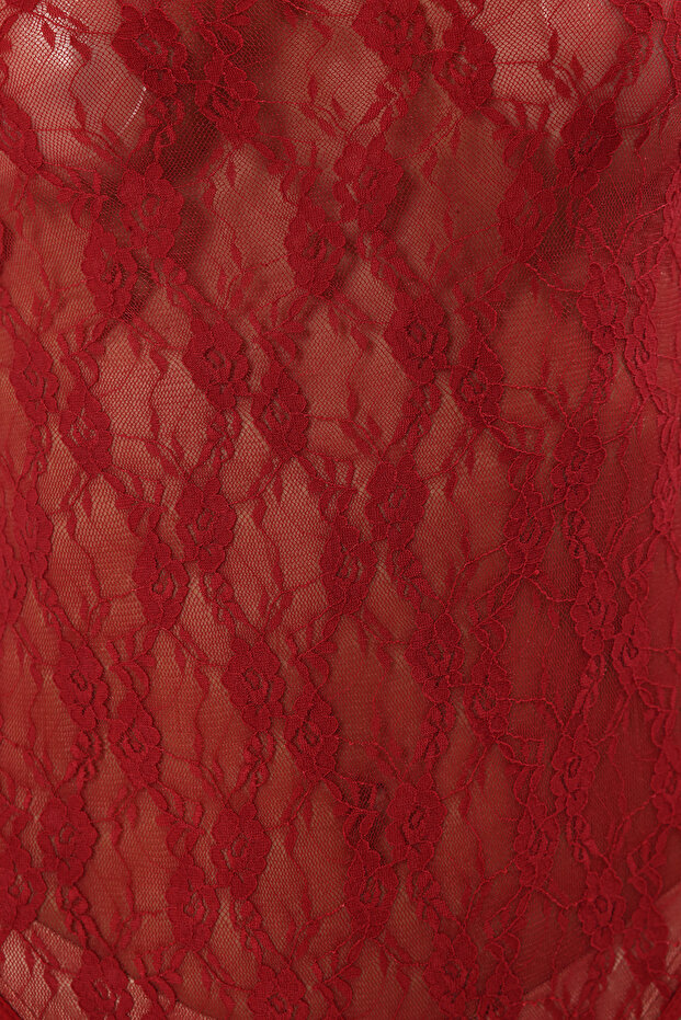 Bordo Dantel Ajurlu/Delikli Kapsız Çıtçıtlı Uzun Kollu Örme Body THMAW25BD00001 - 3