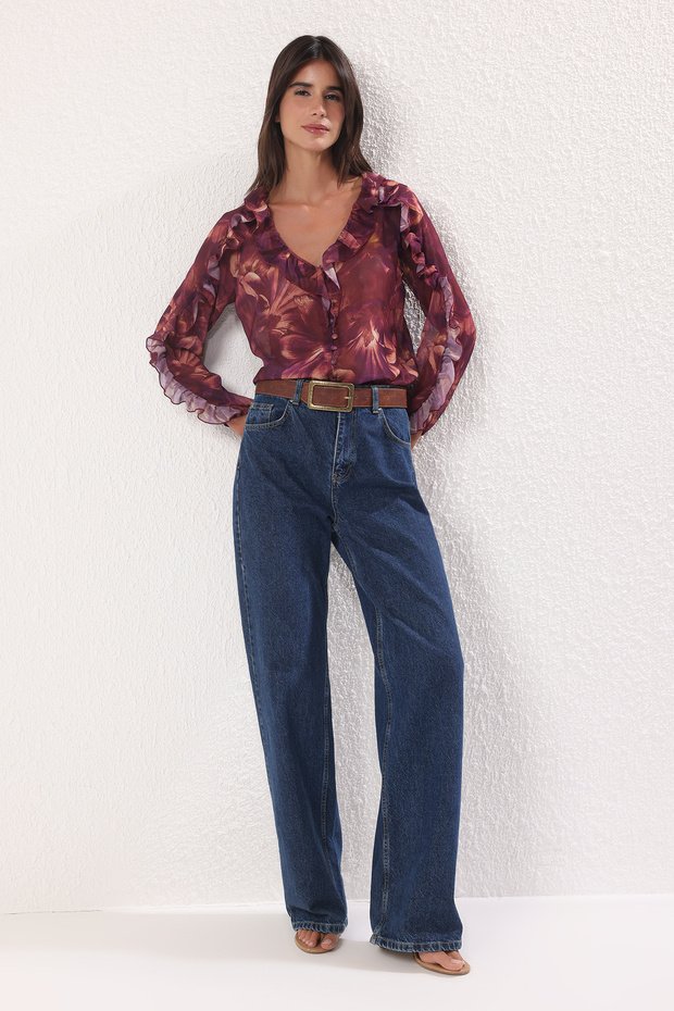 Mürdüm Boho Şifon Transparan Çiçekli Fırfırlı Dokuma Gömlek TWOSS25GO00063 - 2