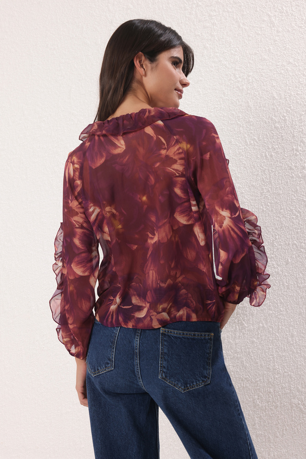 Mürdüm Boho Şifon Transparan Çiçekli Fırfırlı Dokuma Gömlek TWOSS25GO00063 - 4