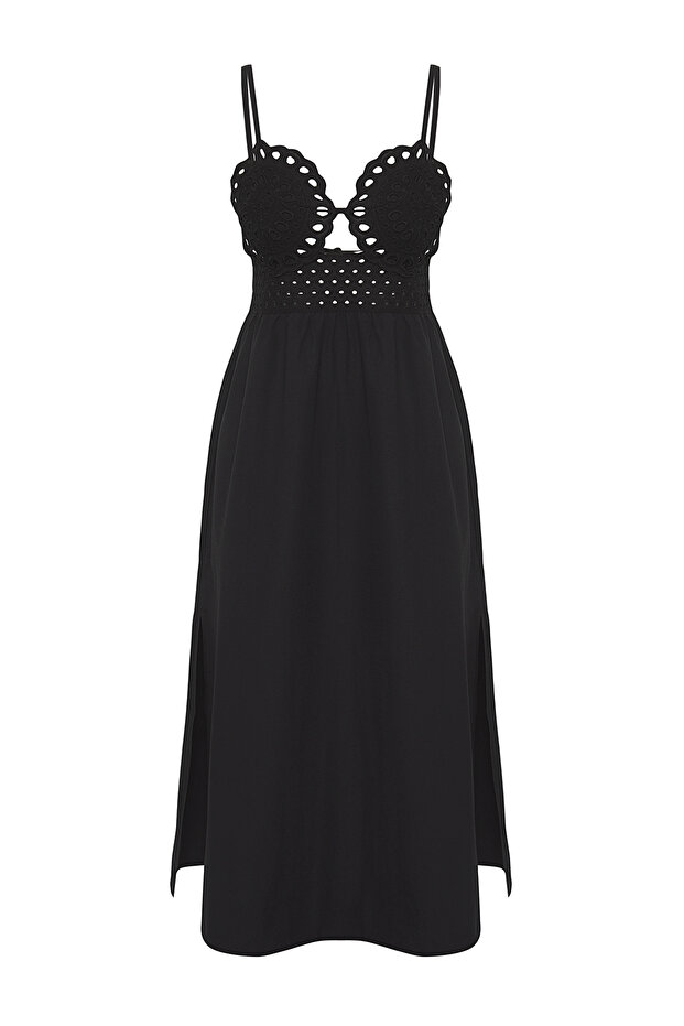 Siyah Dokuma Dantel Maxi Plaj Elbise TBESS25EL00058 - 5