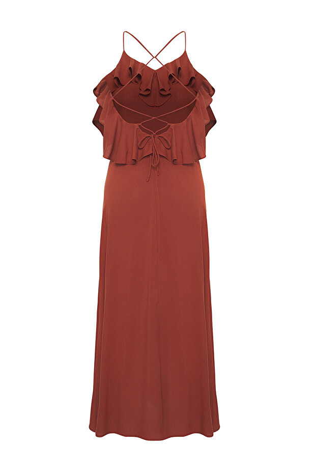 Koyu Kahverengi Dokuma Volanlı Plaj Midi Elbise TBESS19WY0004 - 6