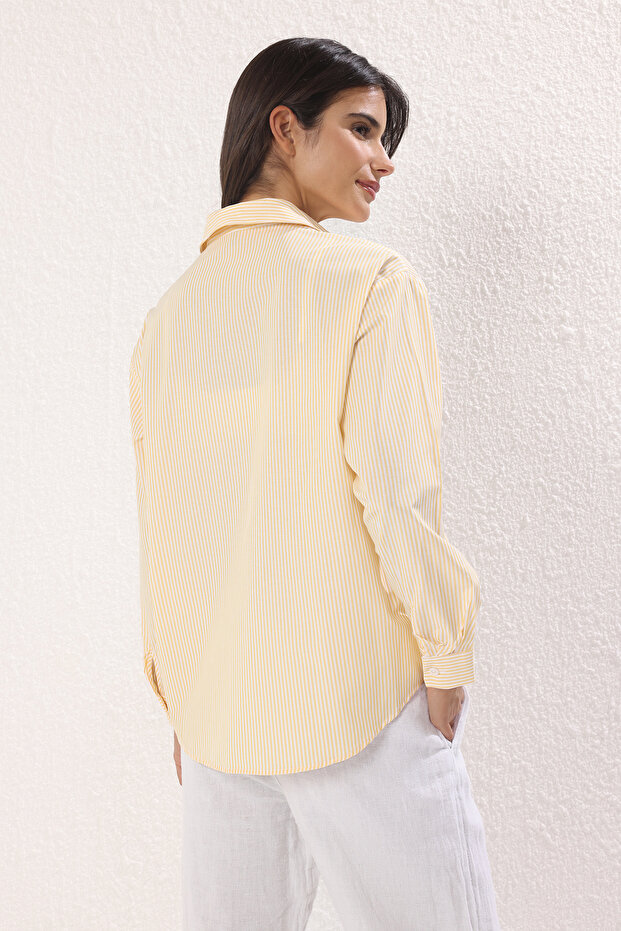 Sarı Çizgili Oversize Geniş Kalıp Dokuma Gömlek TWOAW23GO00359 - 4