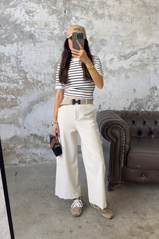 Ekru Yanları Cep Detaylı Yüksek Bel Wide Leg/Geniş Paça Dokuma Pantolon TWOSS25PL00069 - 1