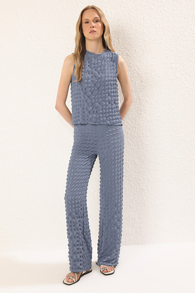 Indigo Dokulu Bluz-Pantolon Örme Alt-Üst Takım TWOSS24AU00032 - 1