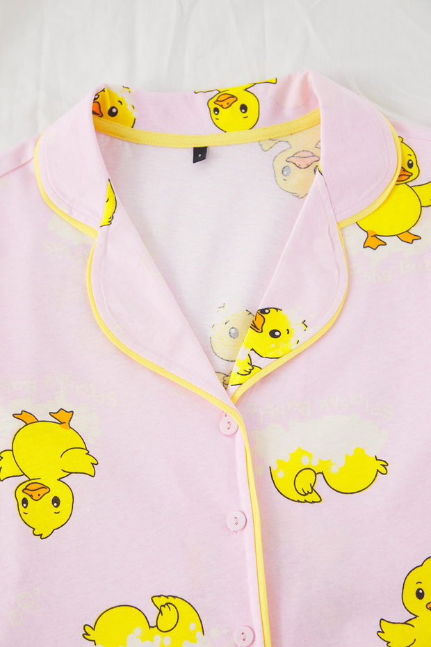 Pembe %100 Pamuklu Ördek Desenli Biyeli Şortlu Örme Pijama Takımı THMSS25PT00300 - 7