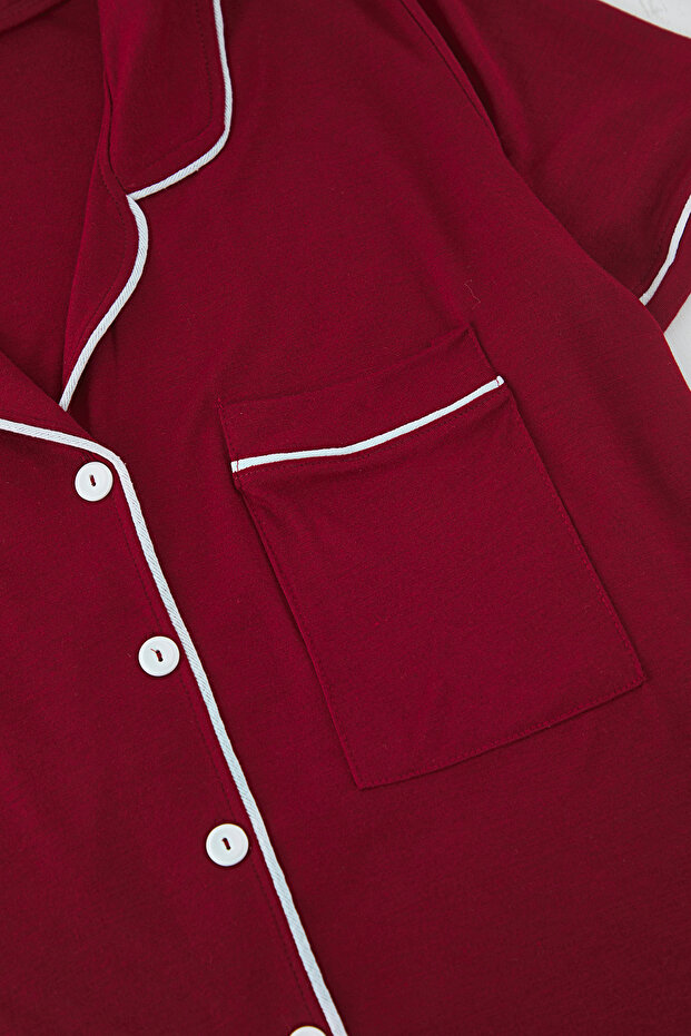 Bordo Gömlek Yaka Biyeli Viskon Şortlu Örme Pijama Takımı TBBSS25AI00095 - 8