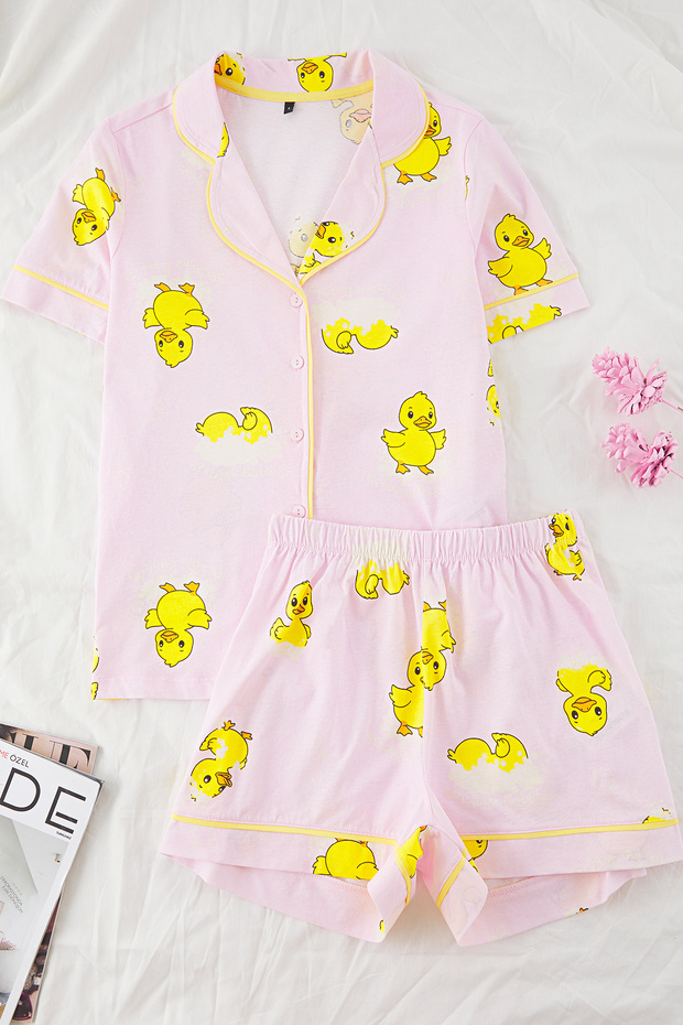 Pembe %100 Pamuklu Ördek Desenli Biyeli Şortlu Örme Pijama Takımı THMSS25PT00300 - 5