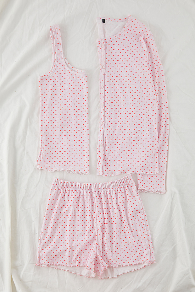 Pembe 3'lü Kalpli ve Puantiyeli Fitilli Şortlu Örme Pijama Takımı THMSS25PT00003 - 5