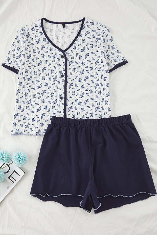 Lacivert-Beyaz Pamuklu Çiçekli Biyeli Fitilli Şortlu Örme Pijama Takımı THMSS25PT00432 - 5