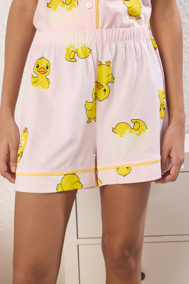 Pembe %100 Pamuklu Ördek Desenli Biyeli Şortlu Örme Pijama Takımı THMSS25PT00300 - 3