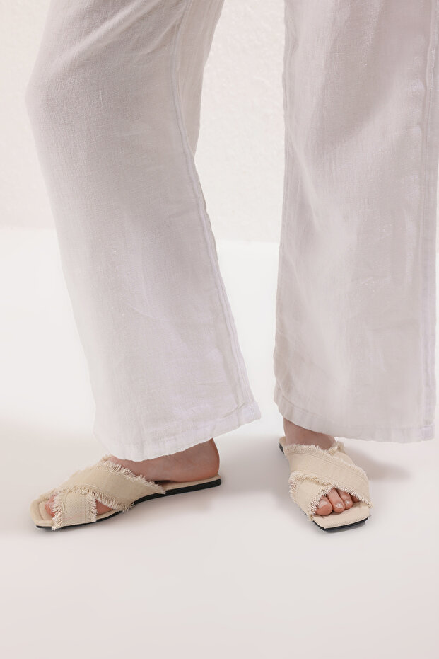 Ecru Tassel Detailed Denim Cross Strap Kapcie Damskie TAKSS25TE00043 - 2