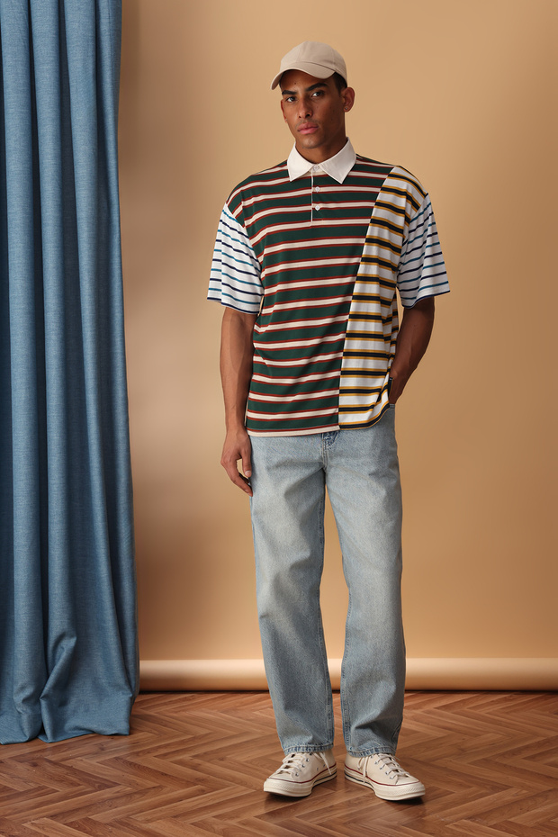 Çok Renki Oversize/Geniş Kesim Çizgili Polo Yaka T-shirt TMNSS25PO00038 - 2