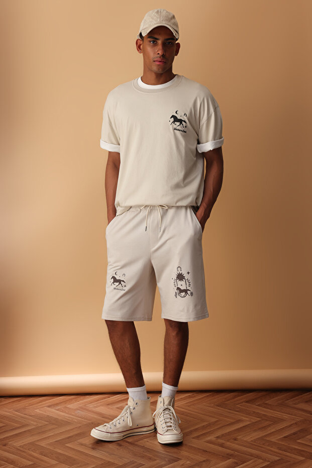 Ekru Oversize/Geniş Kesim Baskılı Şort & Bermuda TMNSS25SR00051 - 1
