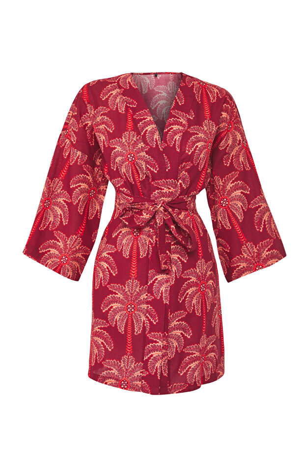 Tropikal Desenli Dokuma %100 Pamuk Plaj Mini Kuşaklı Kimono&Kaftan TBESS25KM00029 - 5