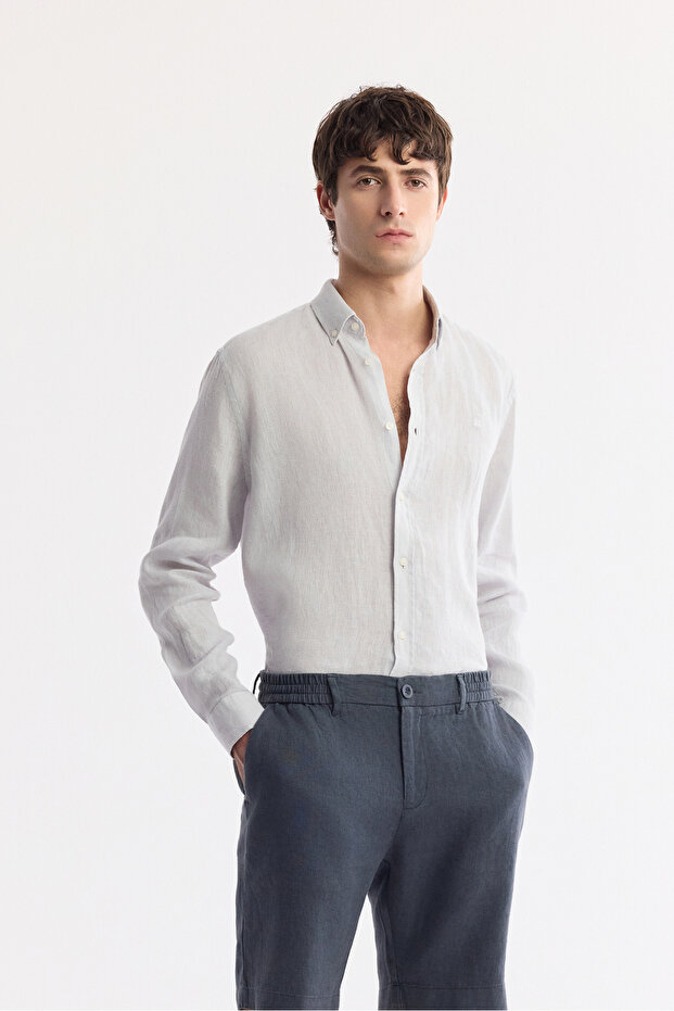 Erkek Antrasit Beli Lastikli %100 Keten Relaxed Fit Şort B003732 - 6