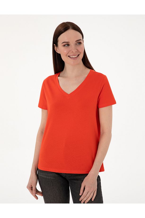 Kırmızı Regular Fit V Yaka Basic Tişört 50305749-VR030 - 3