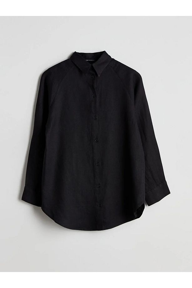 LCW Modest Siyah Oversize Keten Kadın Gömlek - 2