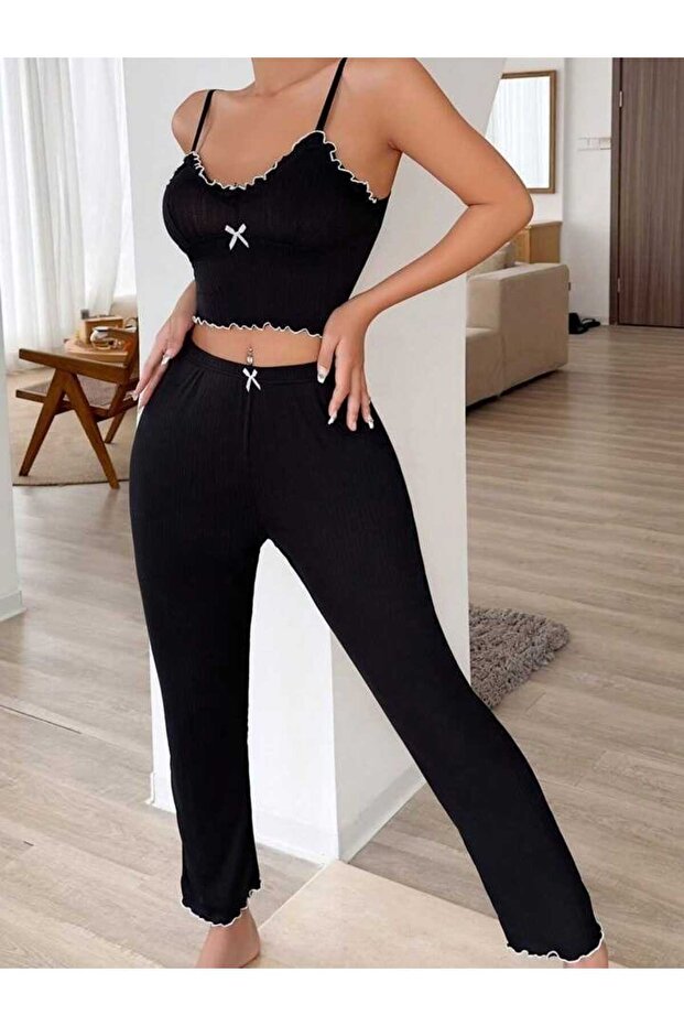Black Rope Strap Bow Suprem Pajama Set