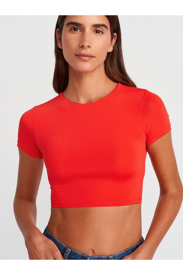 31175 Bisiklet Yaka Crop Top-K.Kırmızı - 3