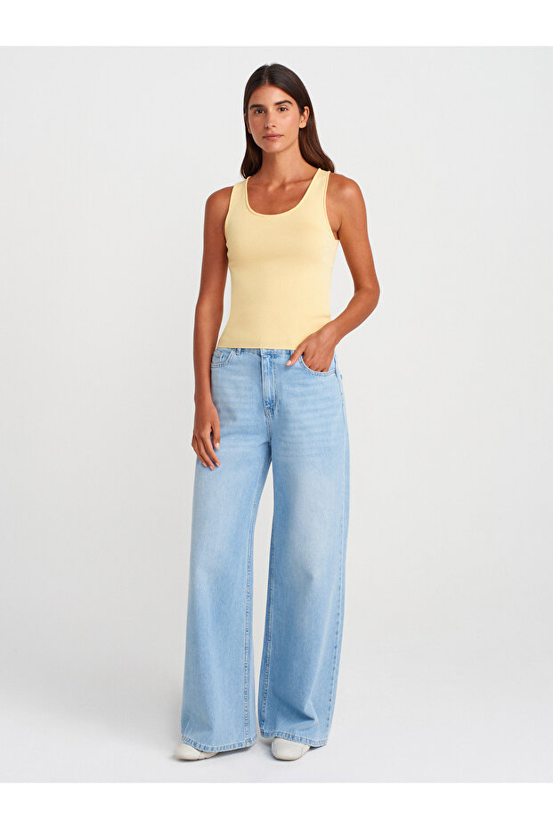 10746 Kalın Askılı Basic Triko Bluz-Sarı - 4