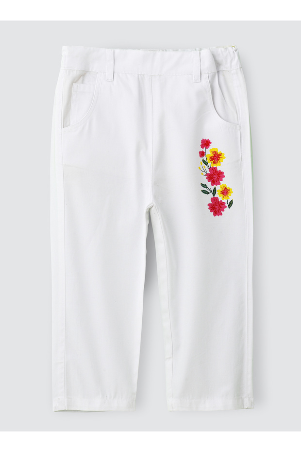 White Cotton Trousers with Floral Print for Girls