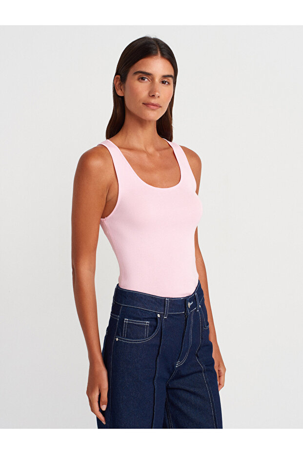 10746 Kalın Askılı Basic Triko Bluz-Pembe - 3