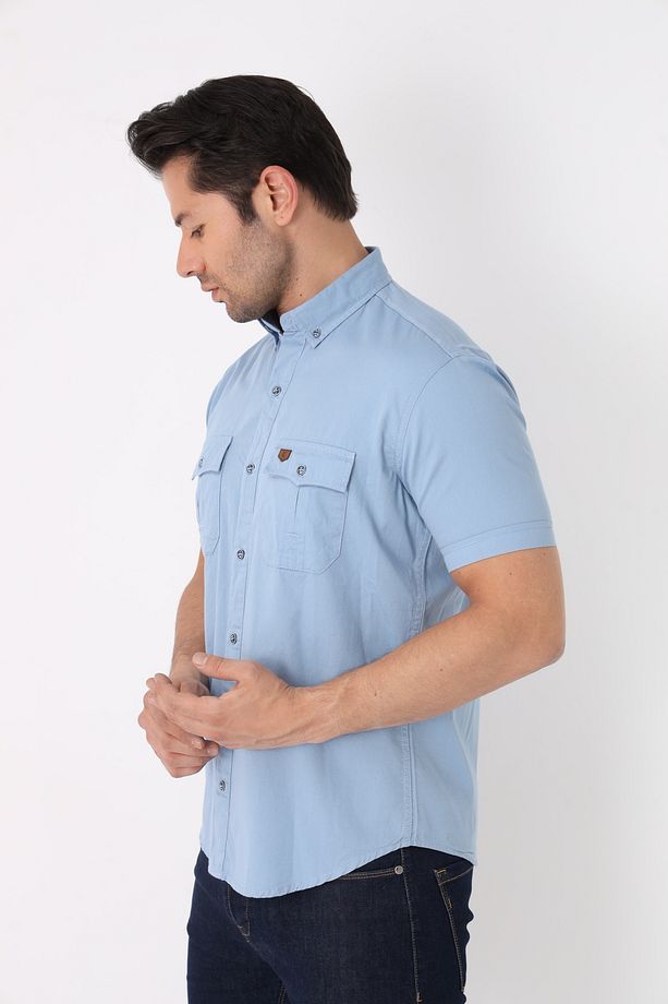 Erkek Pamuklu Regular Fit Kısa Kol Çift Cep Kapaklı Gömlek - 3